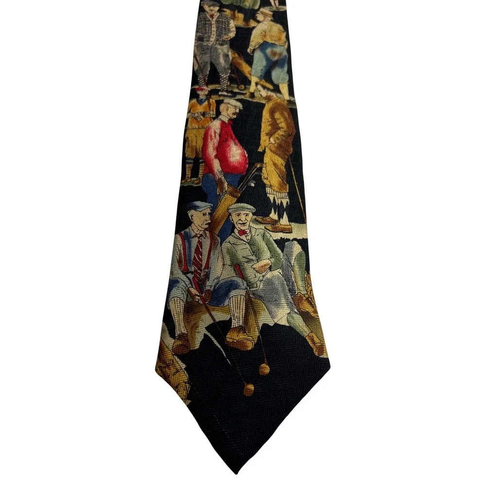 Vintage Tango by Max‎ Raab Necktie Mens OS Black Golf Scene Silk Made in USA E15